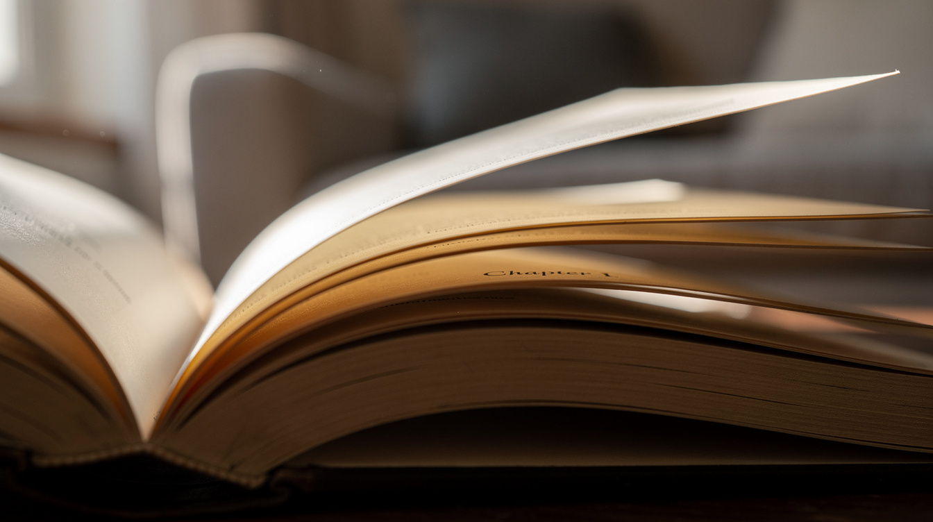 Close up of an open book with pages fanned out, soft natural light