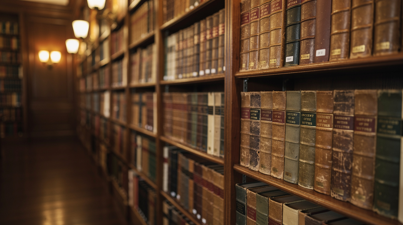 Rows of old hardcover books on tall wooden library shelves