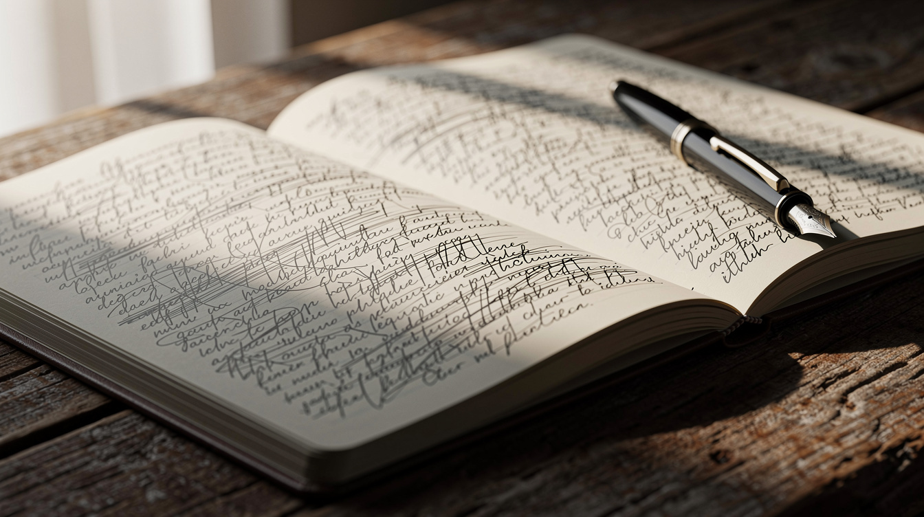 An open notebook covered in handwritten notes next to a fountain pen on a wooden table
