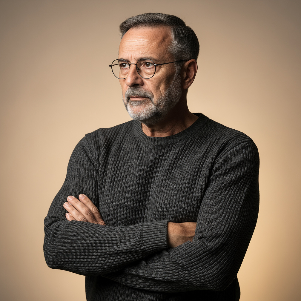 Studio portrait of a middle-aged Croatian man with glasses and a grey beard, thoughtful expression