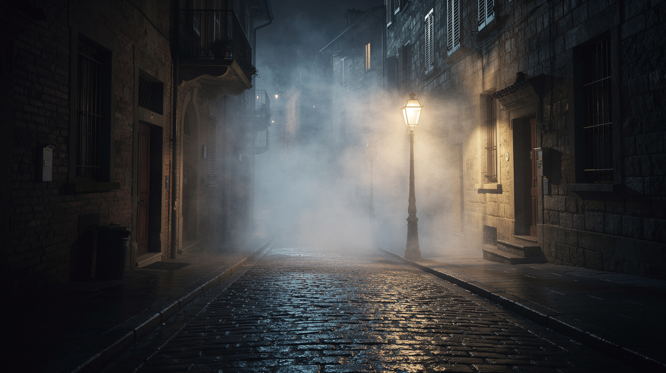 A narrow European cobblestone alley at night covered in fog with a single street lamp