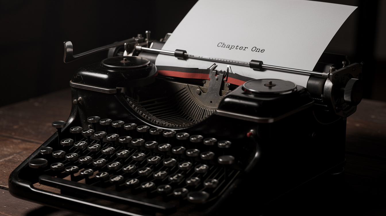 Close up of a vintage black typewriter with paper loaded, dramatic lighting