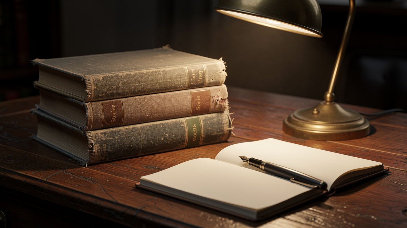 A stack of old hardcover books on a wooden desk beside a lit lamp